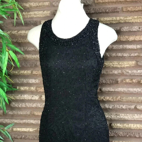 Laurence Kazar Black Beaded 100% Silk Scoop Neck Sheath Party Dress NEW - Picture 2 of 8